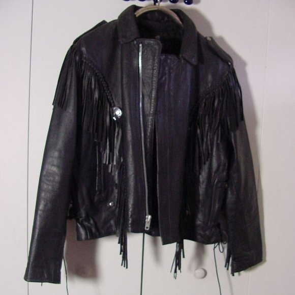 Vtg 80's Force Leather Apparel Fringe Black Leather Motorcycle Jacket Sz XL - Picture 2 of 12
